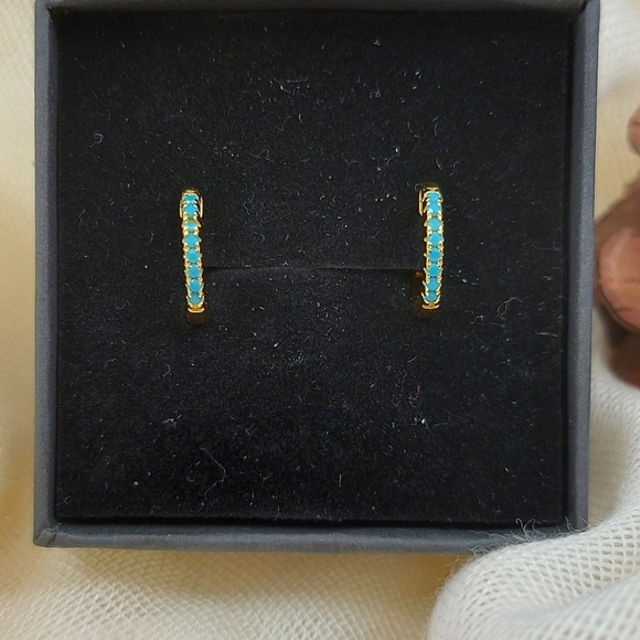 14K Gold Plated Huggie Hoop Blue  Earrings - Picture 2 of 9